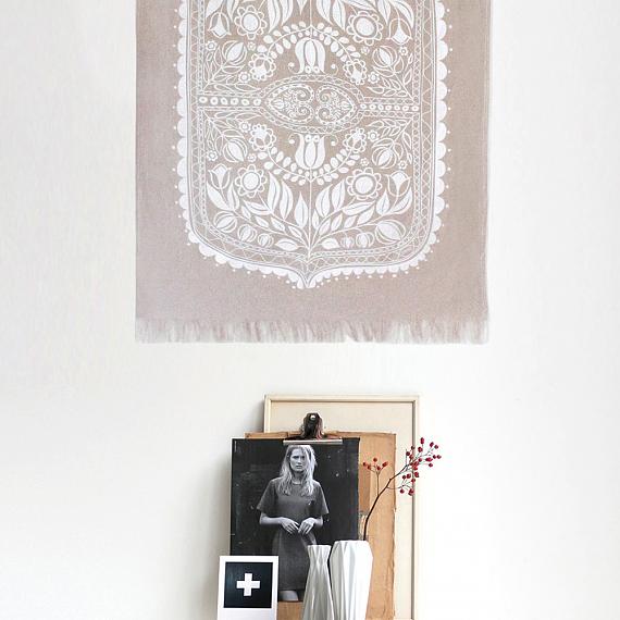Polish Folk Art Floral Screen Print - White on Pure Linen Wall Hanging - made in Sydney by laikonik