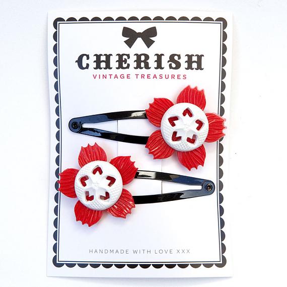 Red & White Flower Hair Clips by Cherish Vintage Treasures