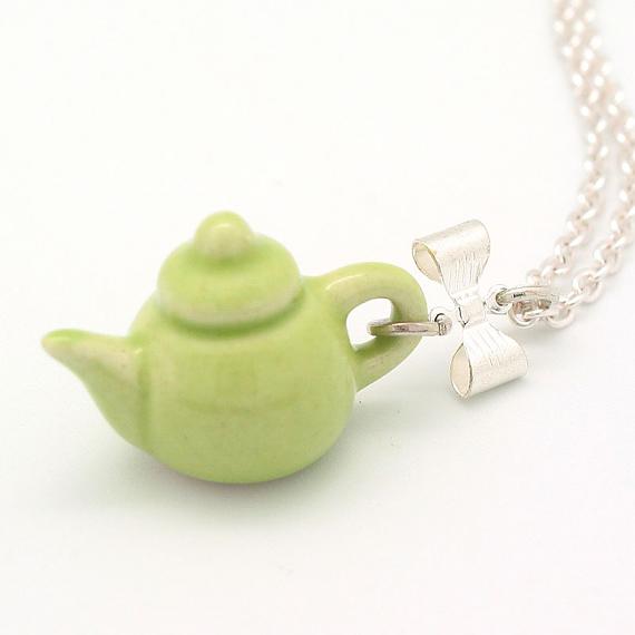 Lime Teapot on Silver Chain by Meow Girl