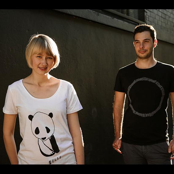White Hello Panda Womens and Black Circle Mens T-shirts designed and made in Australia by me and amber