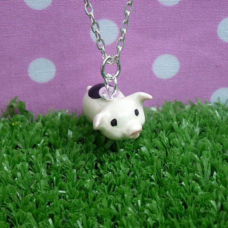 Black and White Piglet Pendant on Silver Chain by Meow Girl