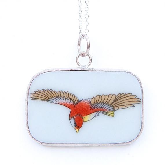 Red Bird Swooping Rectangular Vintage Crockery Necklace by Bird of Play