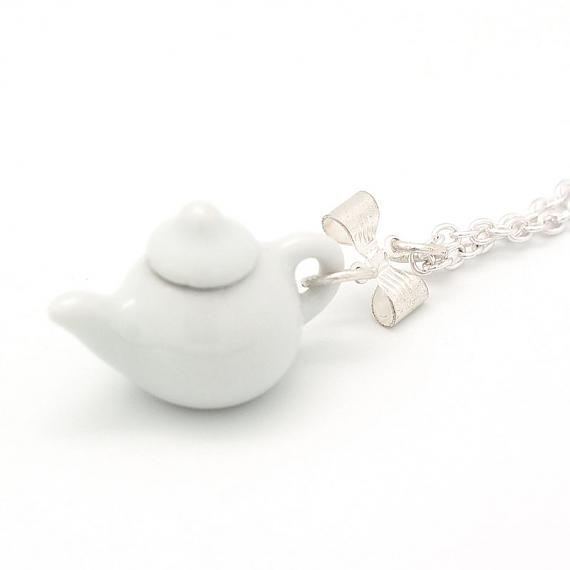 White Teapot Pendant on Silver Chain by Meow Girl
