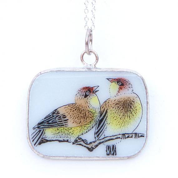 Speckled Birds on Branch Rectangular Vintage Crockery Necklace by Bird of Play